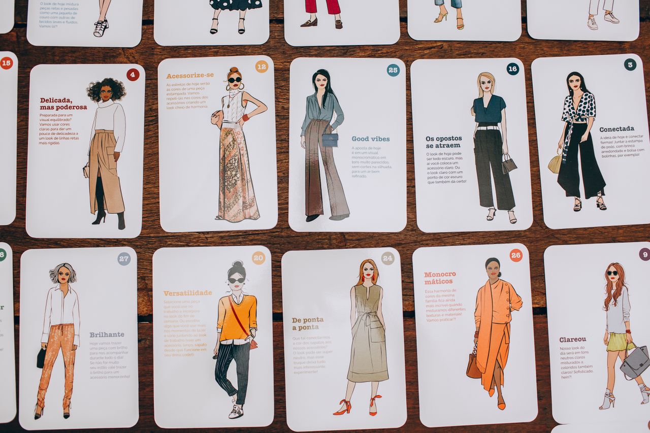 services-02 A collection of fashion cards featuring diverse clothing illustrations displayed on a wooden table.